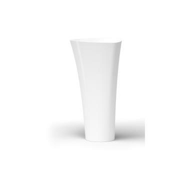 Çiçekleri sergilemek ya da dekoratif bir parça olarak tasarlanmış, eşsiz şekilli, parlak, modern beyaz bir vazo..