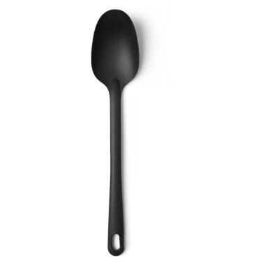 Yemek pişirmek ve servis etmek için tasarlanmış parlak siyah bir servis kaşığı..