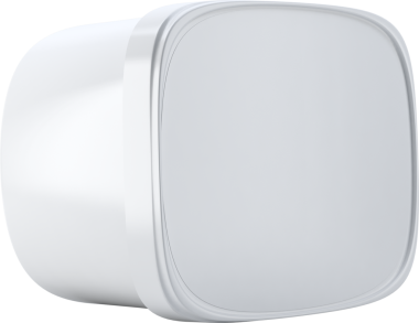 Yuvarlak kenarlı, minimalist beyaz kare bir nesne, muhtemelen bir teknoloji cihazı ya da aksesuar..