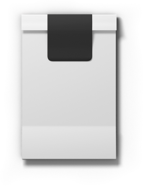 Minimalist ambalaj tasarımı, siyah kapaklı beyaz bir çanta içeriyor..