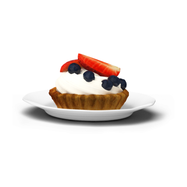 Beyaz tabakta kremalı, çilekli ve yaban mersinli tart bulunan lezzetli bir tatlı..