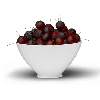 Kırmızı ve siyah kirazların karışımıyla dolu beyaz bir kase, canlı ve taze bir görünüm sergiliyor..