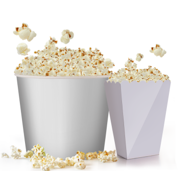 Patlamış mısırla dolu iki konteynırın görüntüsü, biri büyük diğeri küçük, popüler bir atıştırmalık sergileniyor..