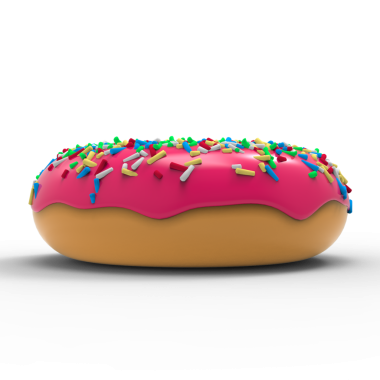 Pembe kremalı ve şekerli renkli bir çörek. Eğlenceli ve cezbedici bir tatlı sergiliyor..