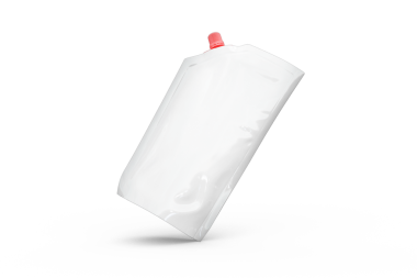 Kırmızı başlıklı minimalist bir kese, genellikle ambalaj sıvıları veya yarı sıvılar için kullanılır..