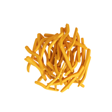 Karışık bir şekilde düzenlenmiş, peynir ya da atıştırmalığa benzeyen ince, sarı bir çubuk kümesi..