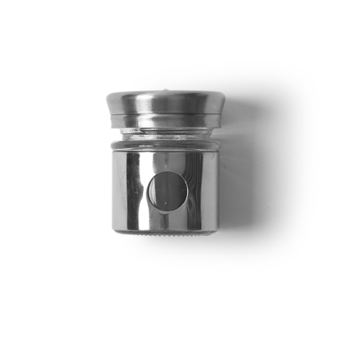 Cam gövdeli küçük metal bir kap, muhtemelen numune veya madde saklamak için kullanılır..