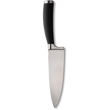 Kesim ve yemek hazırlamak için tasarlanmış siyah saplı şık bir mutfak bıçağı..