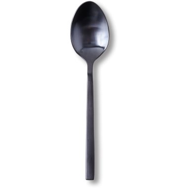 Yemek servisi için tasarlanmış bir siyah kaşık, şık ve modern bir görünüm sergiliyor..