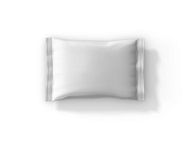 Basit ve minimalist bir tasarım sergileyen, tipik yiyecek veya küçük eşyalar için kullanılan sade bir beyaz ambalaj kesesi..