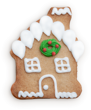 Beyaz kremalı ve renkli detaylarla süslenmiş dekoratif zencefilli kurabiye evi, festival pişirme geleneklerini sembolize ediyor..