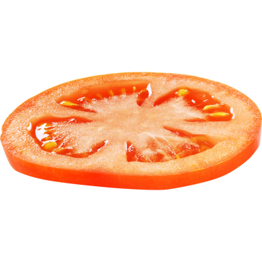 Taze bir domates dilimi canlı kırmızı rengini ve sulu dokusunu gösteriyor. Mutfak için ideal..