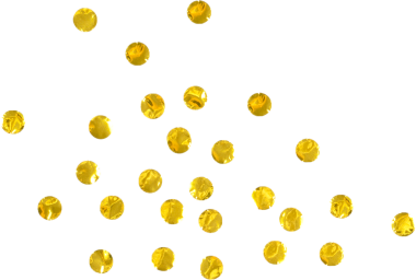 Süslü boncuklar ya da konfetilere benzeyen, rastgele dağılmış parlak sarı dairesel nesneler koleksiyonu..