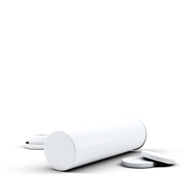 Yanında birkaç yuvarlak tablet bulunan beyaz silindirik bir konteynır, ilaç veya takviye ürünü öneriyor..