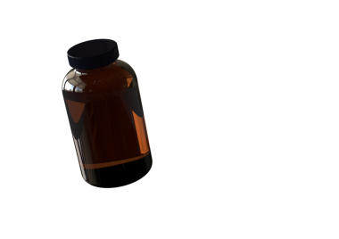 Siyah kapaklı, koyu cam bir şişe. Genellikle takviye veya ilaç depolamak için kullanılır..