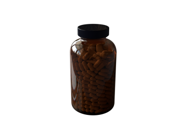 Kahverengi kapsüllerle dolu şeffaf bir kavanoz. Genellikle besin takviyesi ya da ilaç olarak kullanılır..