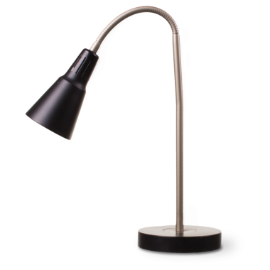 Esnek bir boynu ve yuvarlak bir tabanı olan parlak bir masa lambası. Çalışma alanlarında odaklı ışıklandırma için ideal..