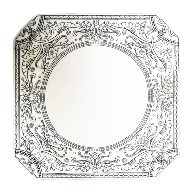 Dekoratif kare bir tabak. Karmaşık siyah-beyaz çiçek desenleri var. Yemek servisi için uygun..