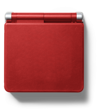 Menteşeli dizaynı olan basit bir kırmızı el bilgisayarı, muhtemelen oyun veya eğlence için kullanılıyor..