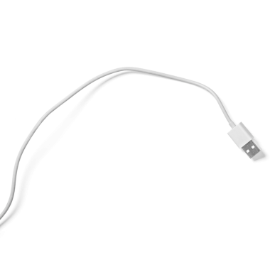 Bağlayıcı ile beyaz bir USB kablosu, genellikle aygıtlar arasında şarj ve veri transferi için kullanılır.