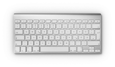 Standart QWERTY düzeni ve fonksiyon anahtarlarına sahip minimalist tasarımı olan şık, modern bir klavye..