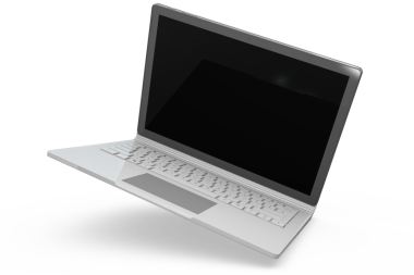 Pürüzsüz, modern bir dizüstü bilgisayar. Yüzeyin üstünde boş bir ekran asılı duruyor..