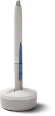 İşlevsellik ve estetik cazibe için tasarlanmış dairesel bir tutacakta duran parlak, modern bir kalem..