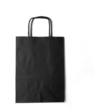 Eser taşımak için tasarlanmış desenli bir yüzeyi olan sade bir kağıt alışveriş çantası..