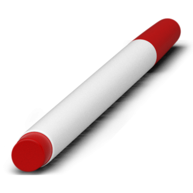 Çeşitli yüzeylere yazmak veya çizmek için tasarlanmış kırmızı ve beyaz bir işaret..