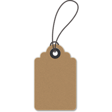 Boş, kahverengi bir fiyat etiketi, kenarları taraklı ve eklenti için bir ip döngüsü. Ögeleri etiketlemek veya fiyatlandırmak için ideal.