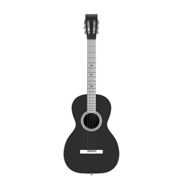 Müzik yaratımı ve performansı için uygun, basit bir tasarımı olan siyah bir akustik gitar..