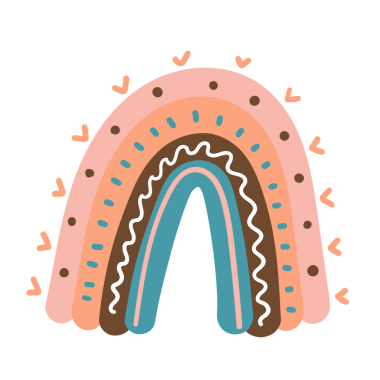 Yumuşak pastel renkler ve dekoratif desenler içeren renkli, stilize gökkuşağı çizimi.