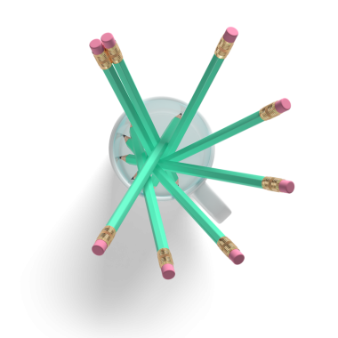 Canlı ve organize bir kırtasiye düzeneği sergilenen turkuaz kalem koleksiyonu..