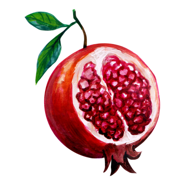 İkiye bölünmüş bir nar parçasının canlı bir çizimi, sulu tohumlarını ve yeşil yapraklarını sergiliyor..