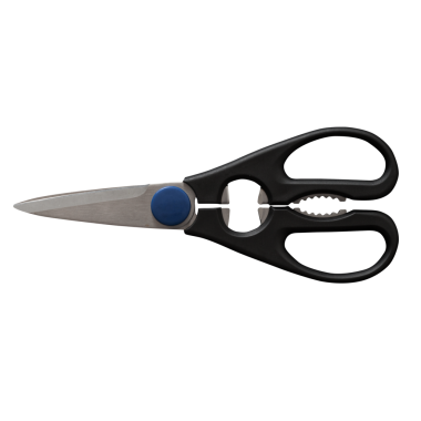 Çeşitli materyalleri kesmek için tasarlanmış mavi düğmeli siyah saplı bir makas..