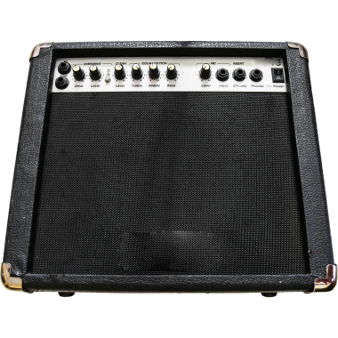 Ses ayarlama ve güç için çeşitli kontrolleri olan bir elektro gitar yükselticisi.