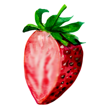 Yarısı kesilmiş bir çileğin sulu iç ve canlı yeşil yapraklarını gösteren renkli bir çizimi..