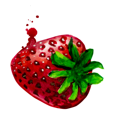 Sulu dokusunu ve parlak rengini sergileyen yeşil yapraklı bir çileğin canlı suluboya çizimi..