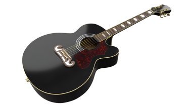 Parlak bir finali olan parlak siyah bir akustik gitar müzisyenler ve müzik tutkunları için mükemmel..