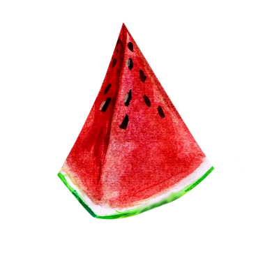 Üç köşeli bir karpuz diliminin suluboya çizimi, canlı kırmızı et ve siyah tohumlarını sergiliyor..