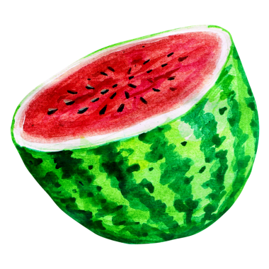 Dilimlenmiş karpuzun canlı bir çizimi sulu kırmızı iç ve yeşil çizgili kabuğunu sergiliyor..