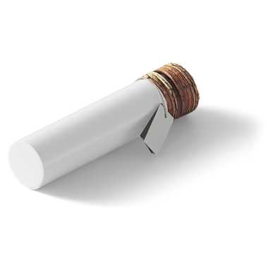 Minimalist beyaz silindirik bir nesne, üstü kapalı, muhtemelen bir kap ya da tutucu..