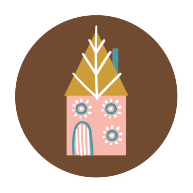 Altın çatılı ve dekoratif unsurları olan pembe bir evin tuhaf bir çizimi..