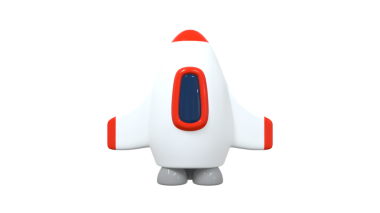 Kırmızı yüzgeçli ve mavi pencereli beyaz bir gövdeye sahip, yandan görülen üç boyutlu bir roket oyuncağı. Bu büyüleyici ve renkli tasarım çocuk oyuncakları, uzay temaları ve eğitim projeleri için idealdir..