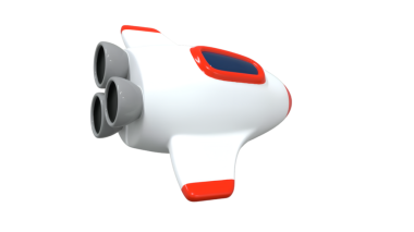 Arkadan görülen üç boyutlu bir roket oyuncağı beyaz, kırmızı aksanlı ve mavi pencereli vücudunu gösteriyor. Bu oyuncu tasarım çocuk oyuncakları ve uzay temalı projeler için idealdir..