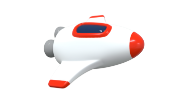 Kırmızı aksanlı ve mavi pencereli beyaz bir vücudun yer aldığı üç boyutlu bir roket oyuncağı. Çocuk oyuncakları ve uzay temalı eğitim malzemeleri için mükemmel..