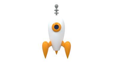 Yandan görülen üç boyutlu bir roket oyuncağı, turuncu aksanlı beyaz bir gövdeye sahip. Bu renkli tasarım çocuk oyuncakları, uzay temaları ve eğitim projeleri için mükemmeldir..