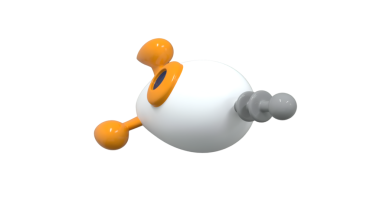 Arkadan görünen, turuncu aksanlı beyaz vücudunu gösteren 3 boyutlu bir roket oyuncağı. Bu dinamik tasarım çocuk oyuncakları ve uzay temalı eğitim materyalleri için idealdir..