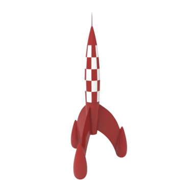 Kareli desenli, uzay keşfi ve macerayı sembolize eden stilize kırmızı bir roket..