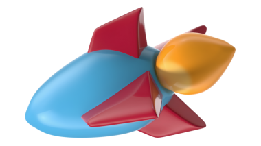 Canlı bir 3 boyutlu roket oyuncağı mavi gövdeli, kırmızı yüzgeçli ve sarı alevli. Bu dinamik ve eğlenceli tasarım çocuk oyuncakları ve uzay temalı eğitim projeleri için mükemmeldir..